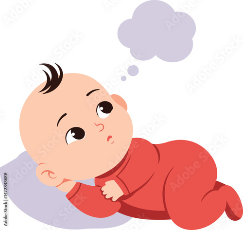 Baby lying on pillow thinking with thought bubble in red outfit vector illustration 