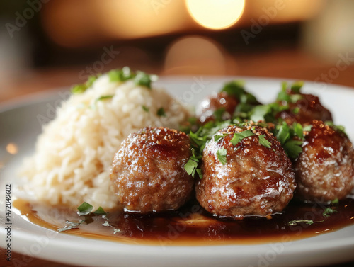 Appetizing meatballs served with rice