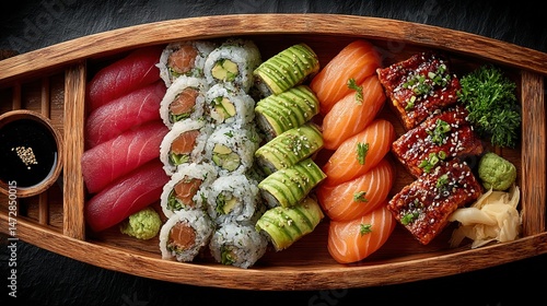 Wooden boat filled with various sushi atop a black table, alongside a sauce cup