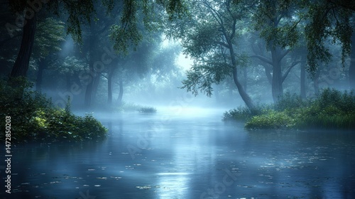 Misty forest river