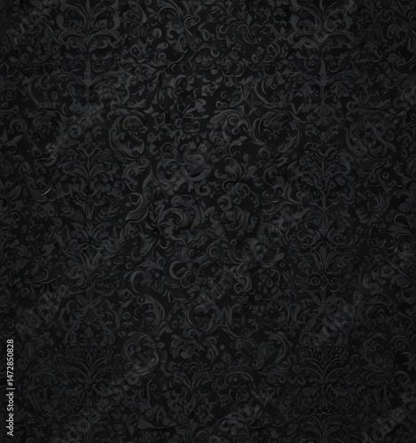 Intricate black damask, gothic swirls, shadowed details, decorative, black