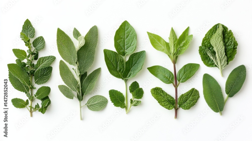 Fototapeta premium Artistic flat lay composition of assorted leaves in various shades of green isolated on white background minimal nature style