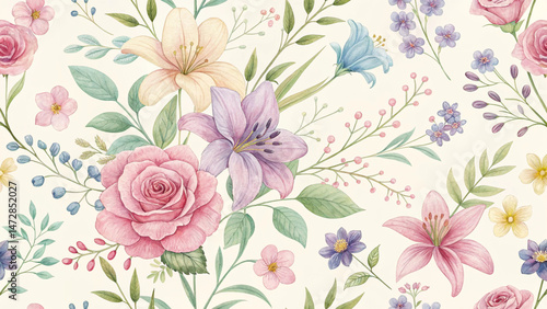 A repeating pattern of various flowers and foliage, rendered in a watercolor style.  Soft, pastel colors including pinks, purples, blues, and yellows are used to depict a variety of blossoms, includin