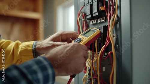 Electrician using a digital multimeter to test electrical panel