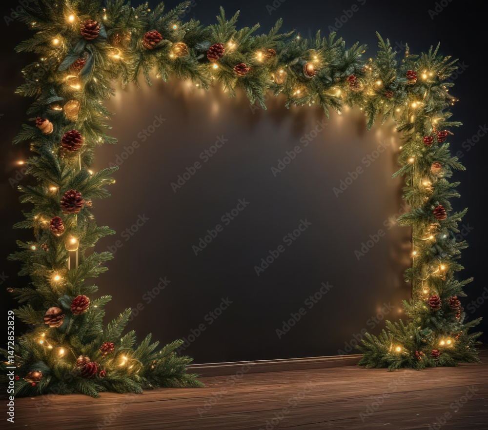 Luxurious coniferous border, adorned with glowing lights and shimmering garland, seamlessly repeating , background, backdrop, illumination Luxurious coniferous border, adorned with glowing lights and shimmering garland, seamlessly repeating , background, backdrop, illumination