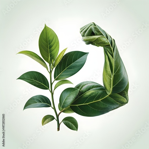 Creative green plant shaped like strong human arm symbolizing natural strength health and eco power

