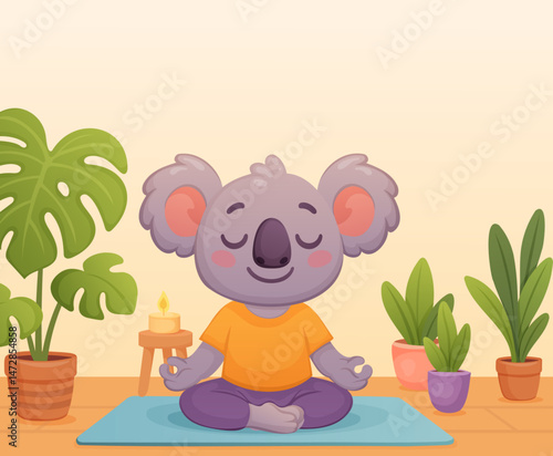 koala mascot doing yoga in lotus position at home online