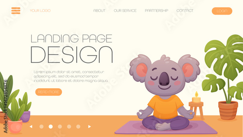 landing page template for yoga website with koala in lotus position