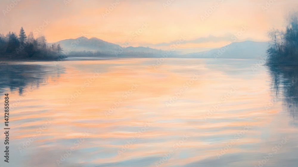 Fototapeta premium Serene expanse capturing dusk's delicate kiss on mountainous horizon