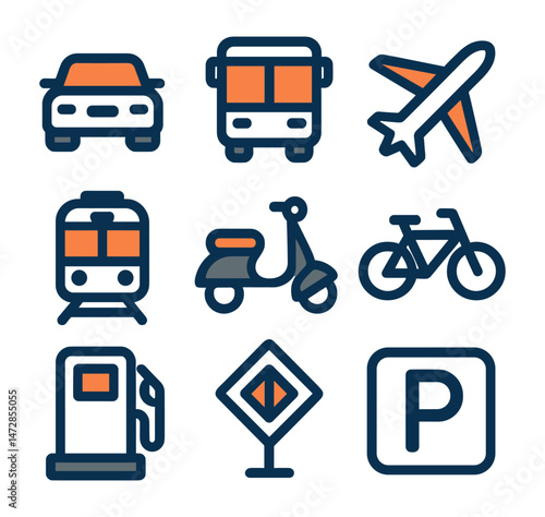 9 transport icons in flat vector style, including car, bus, train, airplane, and bicycle, created for clean use on transparent background.