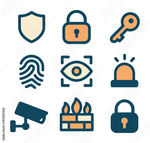 Set of 9 security icons in minimal flat style, showing shield, lock, camera, firewall, and fingerprint, design on transparent background.