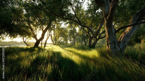  The sun illuminates the scene, casting rays through tall grasses in the foreground and reflecting off a nearby body of water in the background