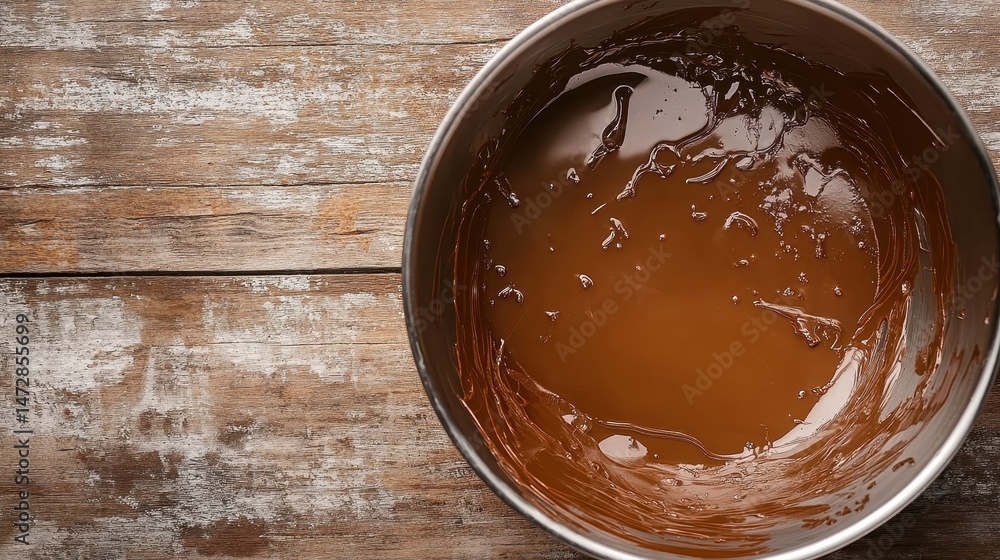 A glossy, melted chocolate mixture in a stainless steel bowl on a rustic wooden table, showcasing rich tones and a sense of indulgent delight. A glossy, melted chocolate mixture in a stainless steel bowl on a rustic wooden table, showcasing rich tones and a sense of indulgent delight.