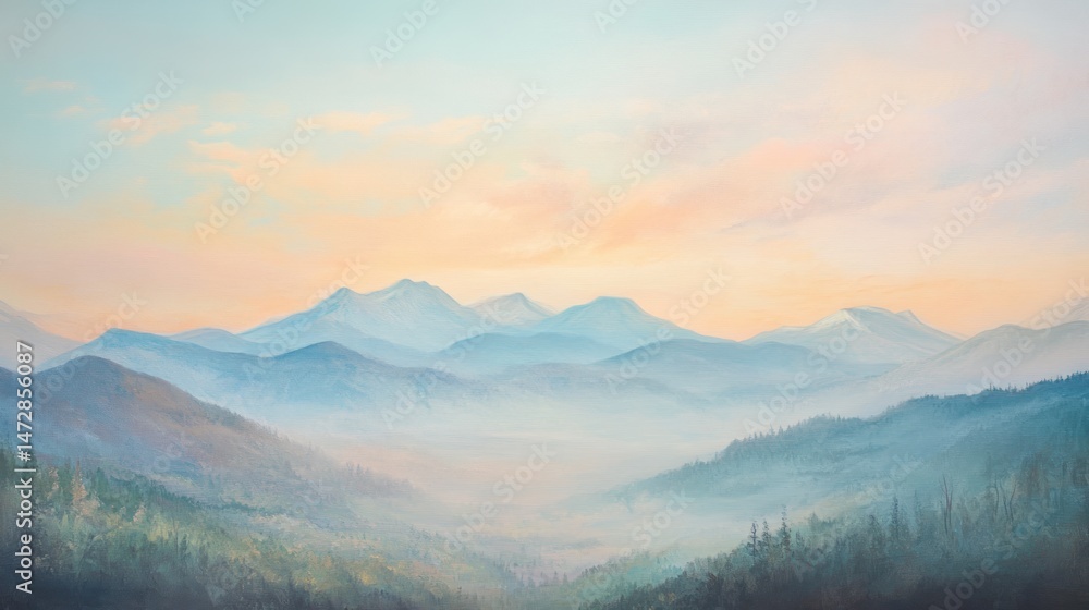 Fototapeta premium Serene mountain vista bathed in soft, pastel-hued dawn light