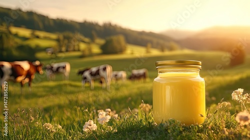 Ghee oil against the background of grazing cows. Selective focus.
