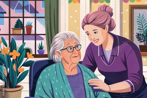 Caring female caregiver assisting elderly woman at home, showing support vector, compassion, and senior care
