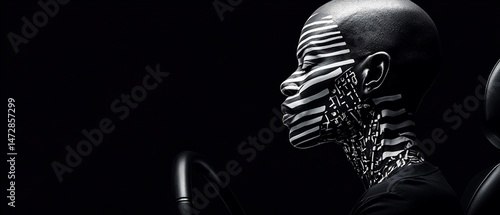 Zebra-patterned human-robot in profile against dark background