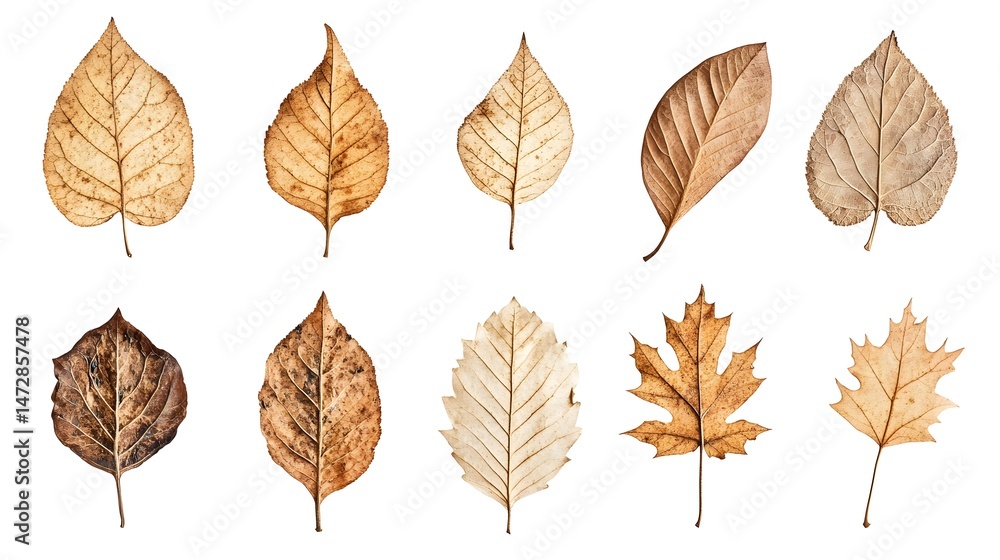 Obraz premium Autumn leaf collection isolated on white background, different types of dried leaves, fall foliage design