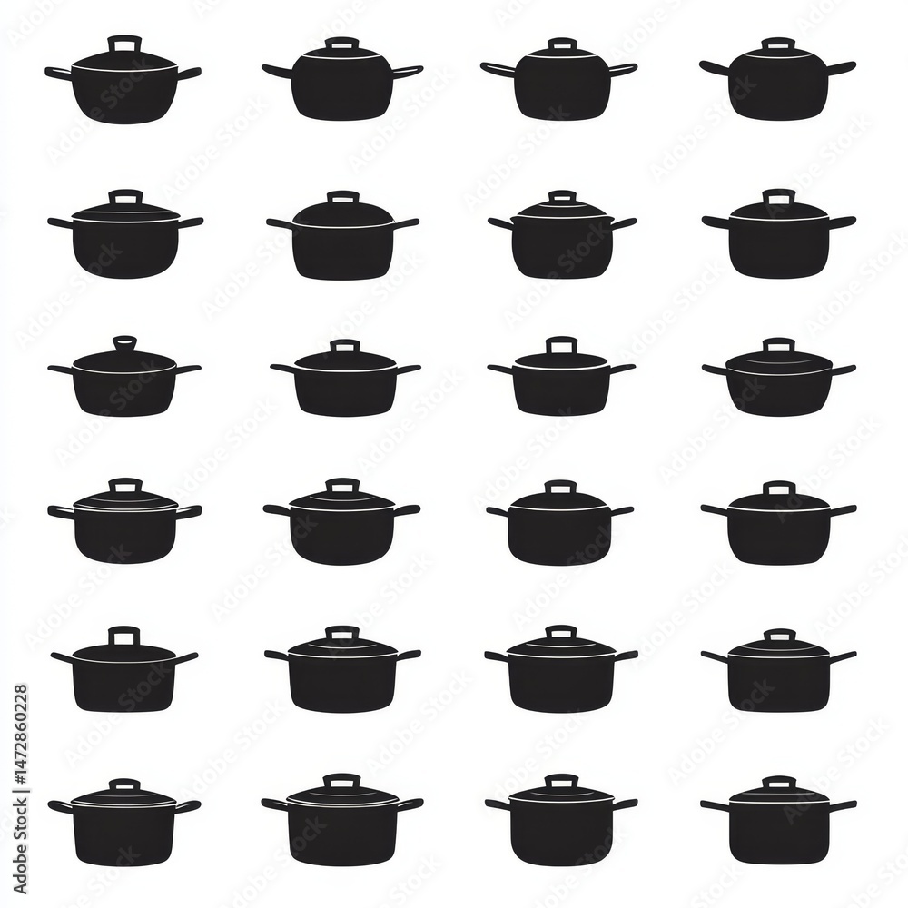 A display of silhouetted cooking pots of different kinds is arranged in two rows A display of silhouetted cooking pots of different kinds is arranged in two rows