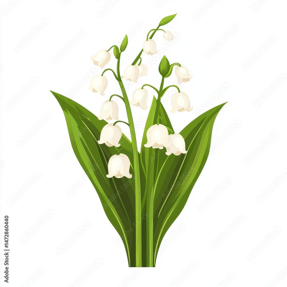 Fototapeta premium A sprig of lily of the valley with delicate white bell-shaped flowers and two large green leaves is showcased in a botanical illustration