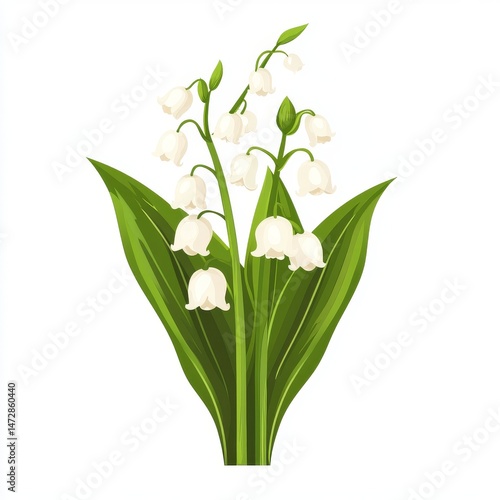 Wallpaper Mural A sprig of lily of the valley with delicate white bell-shaped flowers and two large green leaves is showcased in a botanical illustration Torontodigital.ca