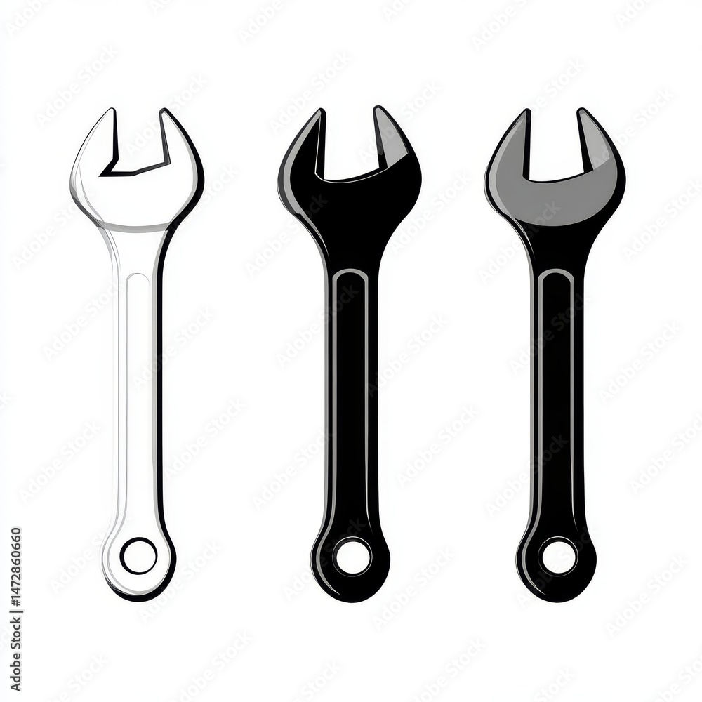 In a row are arranged four wrenches and two screwdrivers, represented as black silhouettes In a row are arranged four wrenches and two screwdrivers, represented as black silhouettes