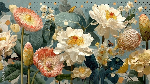   A stunning artwork depicting a cluster of vibrant blooms, with a majestic avian perched atop one in the heart of the composition