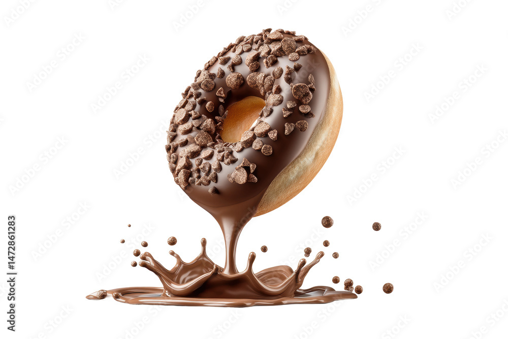 PNG Chocolate donut with crumbs and splashing chocolate isolated on white background PNG Chocolate donut with crumbs and splashing chocolate isolated on white background