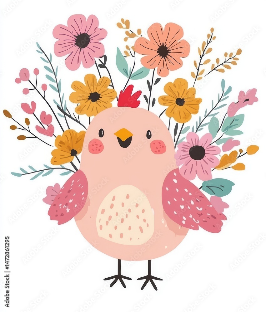Obraz premium The love for chickens is declared by bold pink text, which features a pink chicken decorated with flowers