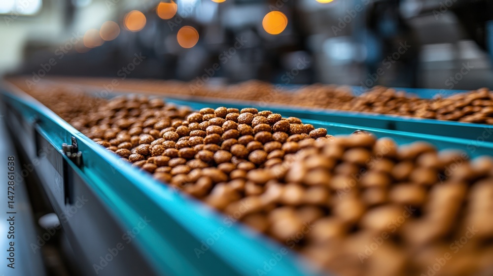 Fototapeta premium Industrial food production process with brown food pellets on conveyor belt