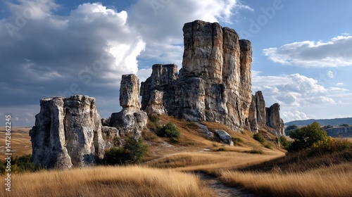 Towering limestone cliffs in vast golden field