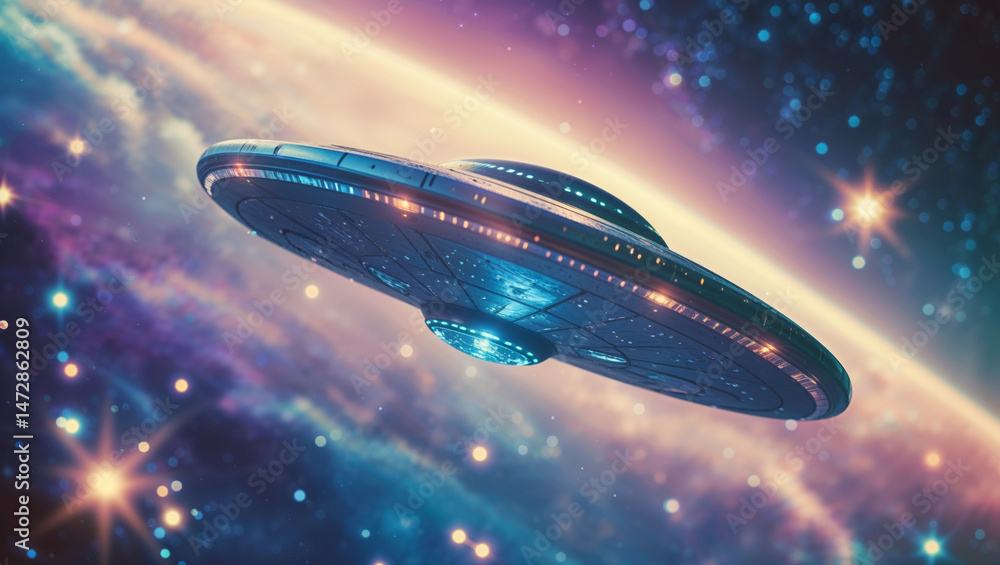 Obraz premium A vibrant, detailed depiction of a spaceship, flying through the beautiful vastness of space.