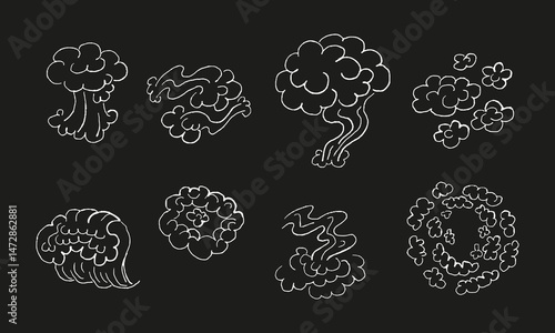 Eight variations of hand-drawn smoke and explosions. Doodles and squiggles. Vector set