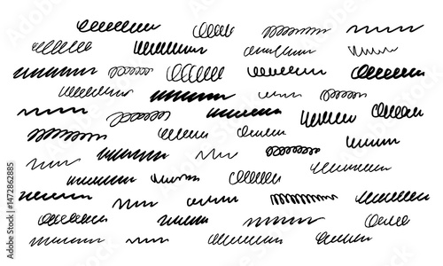 Forty-seven random zig-zag and wavy lines, hand-drawn. Doodles and squiggles. Vector set