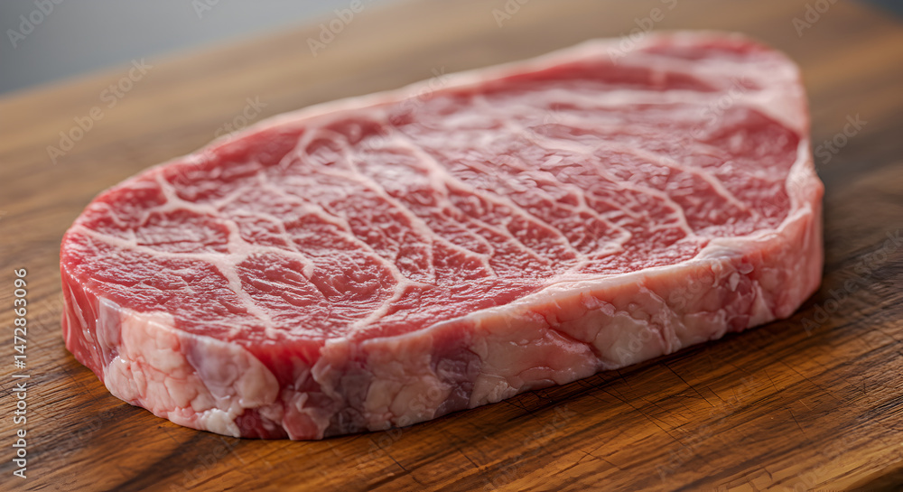 Fototapeta premium Marbled Fresh New York Strip Steak Resting On Wooden Cutting Board