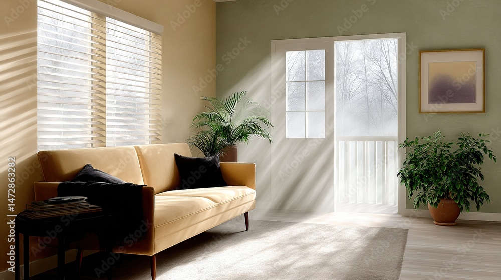 Fototapeta premium Living room featuring couch, potted plant, and illuminated blinds by sunlight through the window