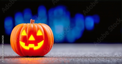 Carved Pumpkin With Glowing Face on Dark Surface During Halloween Night Celeb...
