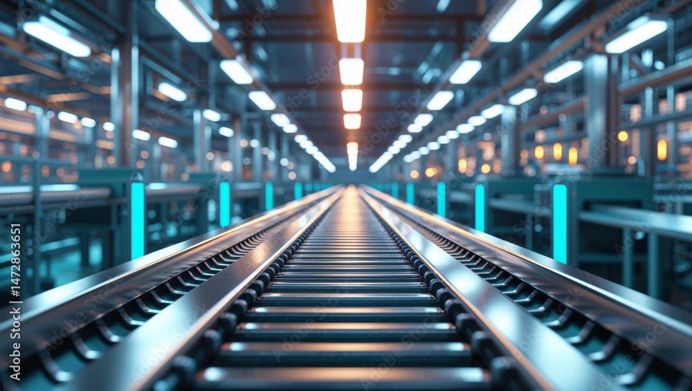 A futuristic view of a conveyor belt, leading into a brightly lit industrial factory. A futuristic view of a conveyor belt, leading into a brightly lit industrial factory.