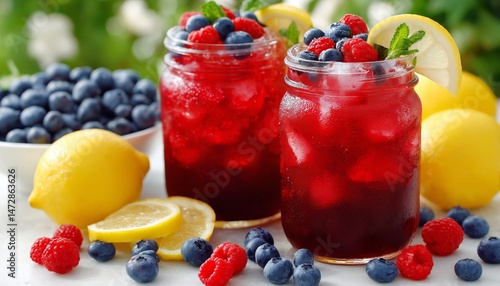 Refreshing Summer Fruit Drinks Served in Jars With Berries and Lemons on a Su...