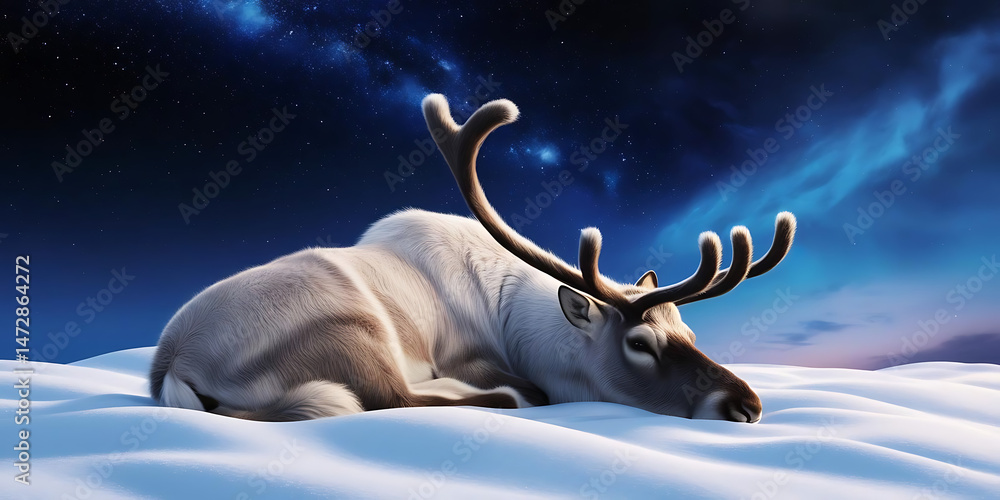 Obraz premium Peaceful Reindeer Resting on Snow Beneath a Starry, Colorful Night Sky