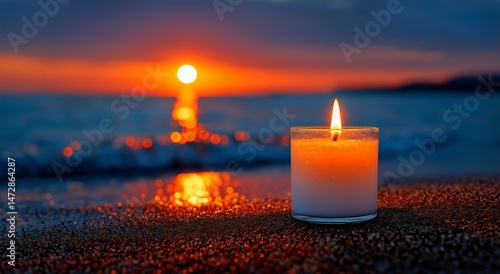 Candle Glowing on the Beach at Sunset Creates a Serene Atmosphere Over the Oc...
