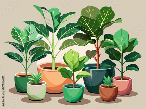 vector of A collection of fiddle leaf fig plants in minimalist ceramic pots isolated on clear
