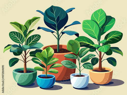 vector of A collection of fiddle leaf fig plants in minimalist ceramic pots isolated on clear
