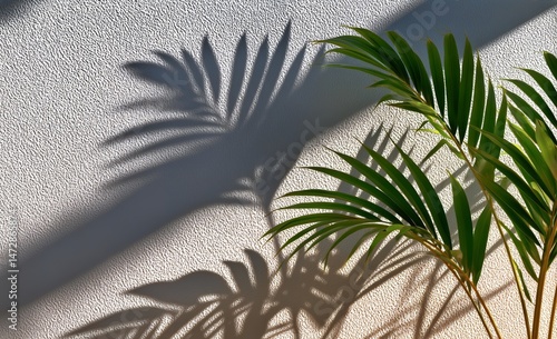 Bright Green Palm Plant Casting Intricate Shadows on a Textured Wall in Natur...