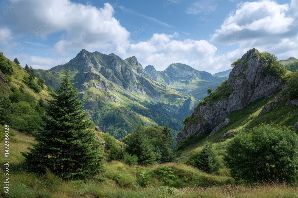 Fototapeta premium Majestic Mountain Range: Verdant Slopes and Serene Skies