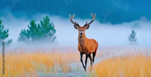 Majestic Stag Standing in Open Field With Colorful Autumn Trees in Background...