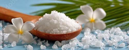 Natural Sea Salt on a Wooden Spoon Surrounded by Flowers and Palm Leaves in a...