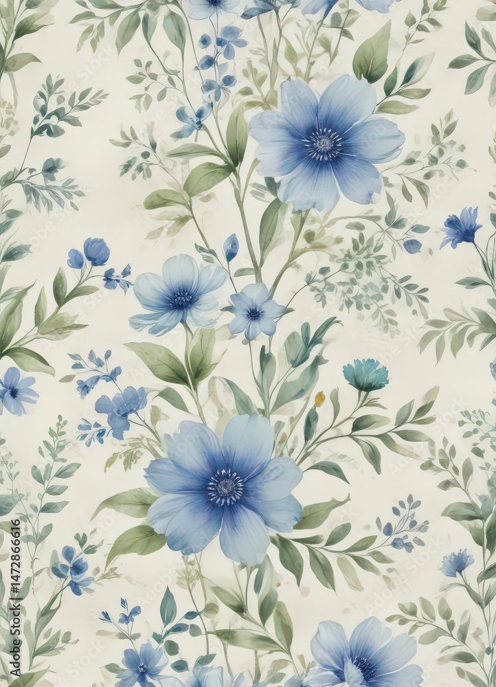 Fototapeta premium Subtle blue & green watercolor flowers on off-white, delicate repeating pattern , art, spring, blossom