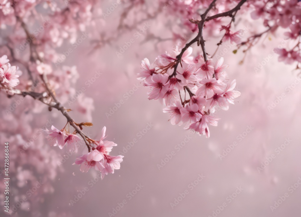 Fototapeta premium Abstract pink sakura petals gently falling against a softly blurred background of cherry blossoms , art, whimsical