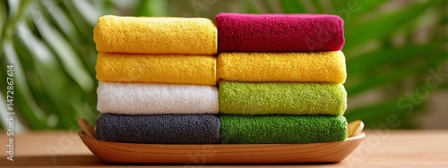Stacked Towels in Vibrant Colors Arranged Neatly on a Wooden Tray